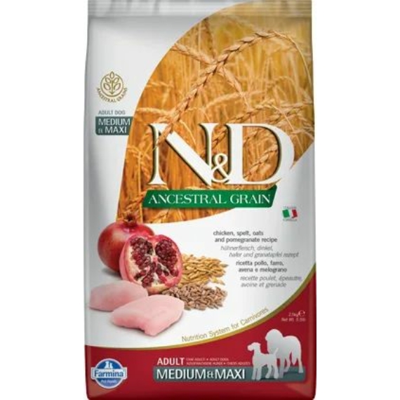 N&D Dog Ancestral Grain csirke, tönköly, zab&gránátalma adult medium&maxi 2,5kg – száraz kutyatáp