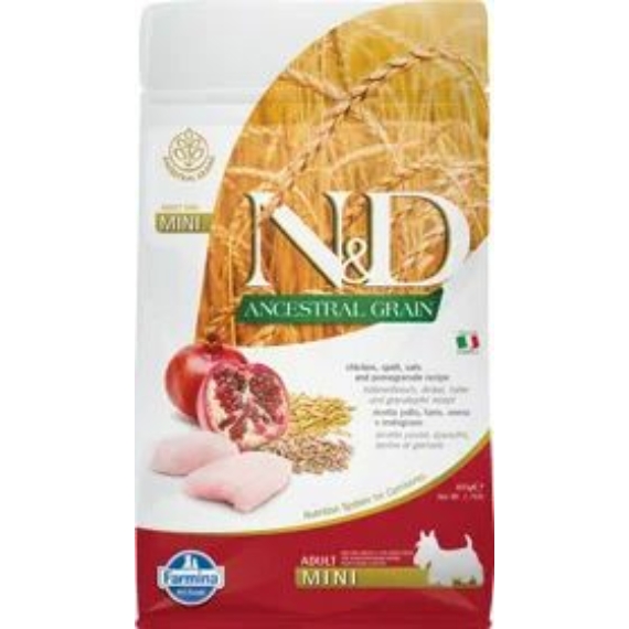 N&D Dog Ancestral Grain csirke, tönköly, zab&gránátalma adult mini 800g – száraz kutyatáp