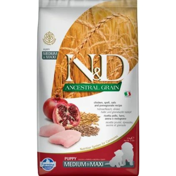 N&D Dog Ancestral Grain csirke, tönköly, zab&gránátalma puppy medium&maxi 2,5kg – száraz kutyatáp