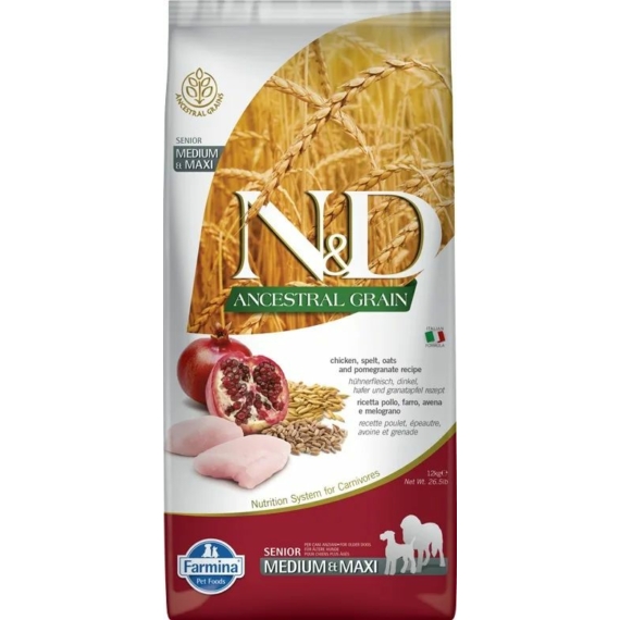 N&D Dog Ancestral Grain csirke, tönköly, zab&gránátalma senior medium&maxi 12kg – száraz kutyatáp