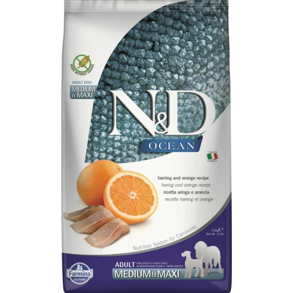 N&D Dog Ocean hering&narancs adult medium&maxi 2,5kg – száraz kutyatáp