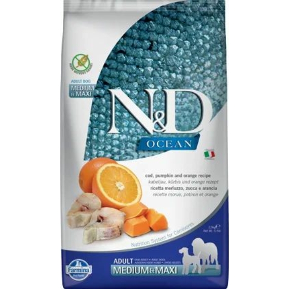 N&D Dog Ocean tőkehal, sütőtök&narancs adult medium/maxi 2,5kg – száraz kutyatáp