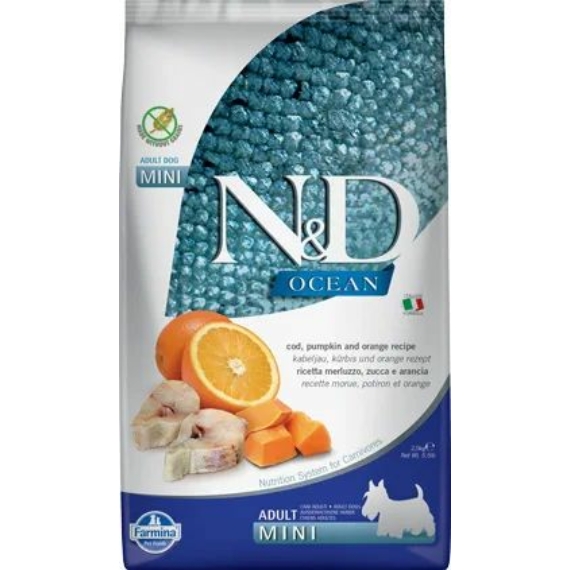 N&D Dog Ocean tőkehal, sütőtök&narancs adult mini 2,5kg – száraz kutyatáp