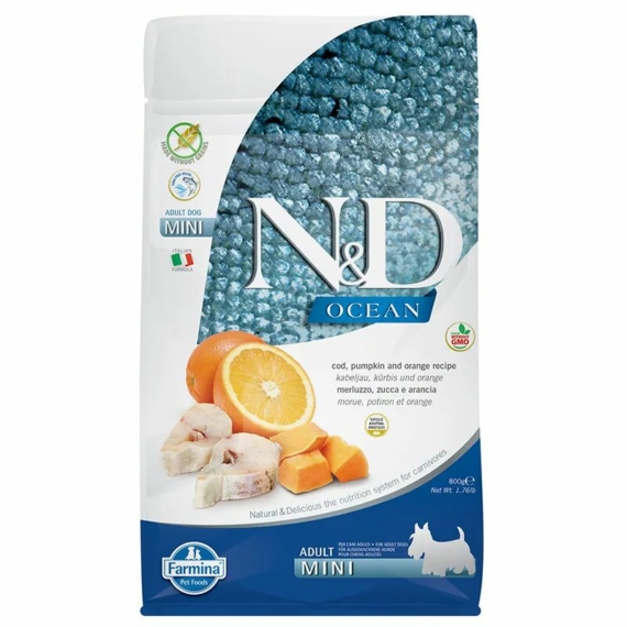 N&D Dog Ocean tőkehal, sütőtök&narancs adult mini 800g – száraz kutyatáp