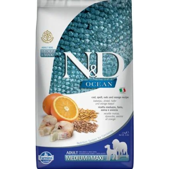 N&D Dog Ocean tőkehal, tönköly, zab&narancs adult medium&maxi 2,5kg – száraz kutyatáp