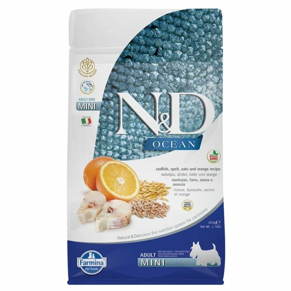 N&D Dog Ocean tőkehal, tönköly, zab&narancs adult mini 800g – száraz kutyatáp