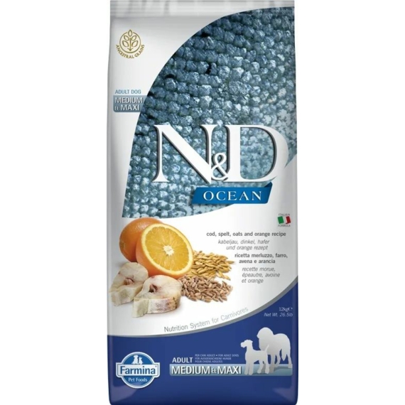 N&D Dog Ocean tőkehal,tönköly,zab&narancs adult medium&maxi 12kg – száraz kutyatáp