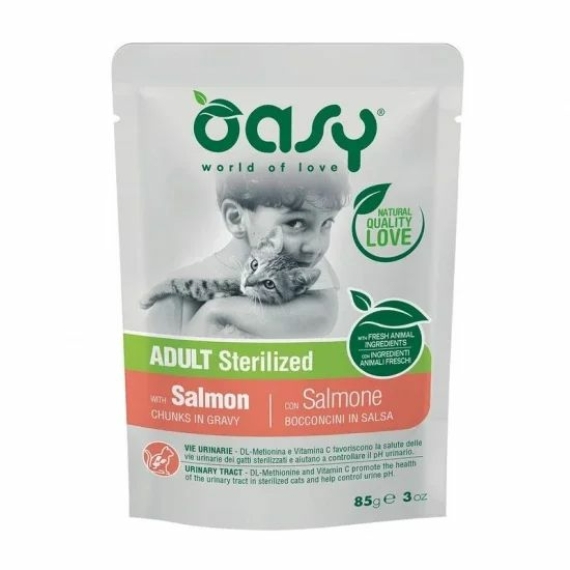 Oasy Cat Alutasakos Chunks in Gravy Adult Sterilized Salmon 85g – konzerves macskaeledel