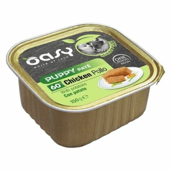Oasy Dog Alutálka GF Puppy Chicken with potato 150g – konzerves kutyaeledel