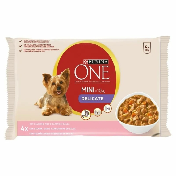 ONE Alutasak Delicate Mini Adult Dog 4x100g Lazac+rizs+sárgarépa szószban – konzerves kutyaeledel