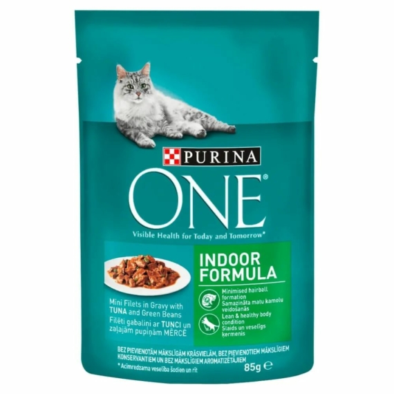 ONE Alutasak Indoor Tonhallal és Zöldbabbal 85g – konzerves macskaeledel