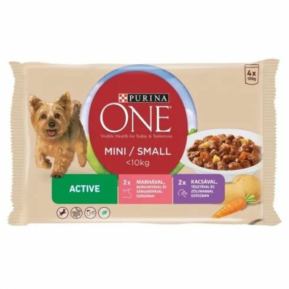 ONE Alutasak Mini/Small Active Dog Marhával és kacsával 4x100g – konzerves kutyaeledel