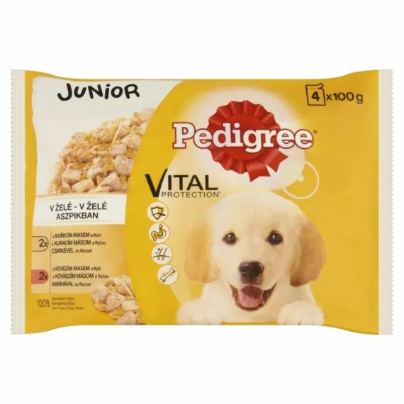 Pedigree Alutasakos 100g 4-Pack Junior Csirke&rizs, Marha&rizs – konzerves kutyaeledel
