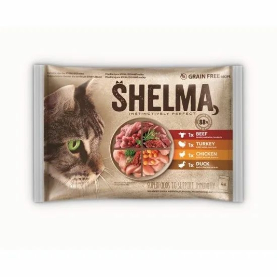 Shelma Alutasak 4*85g Marha, pulyka, csirke, kacsa – konzerves macskaeledel