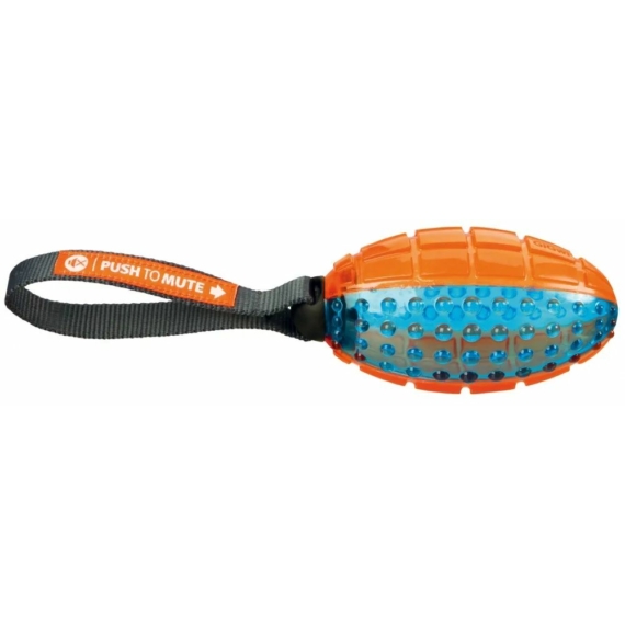 Trixie Játék Push to mute rugby labda kötéllel 12cm/27cm narancs/kék – kutyajáték