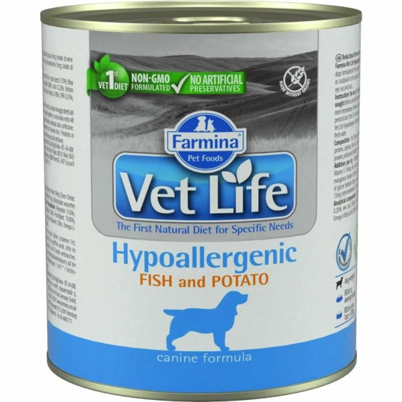 Vet Life Dog Konzerv Hypoallergenic Fish & Potato 300g – konzerves kutyaeledel