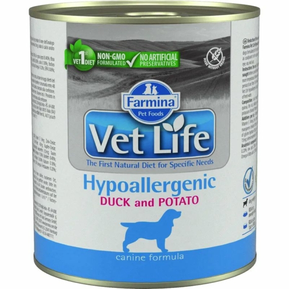 Vet Life Natural Diet Dog Konzerv Hypoallergenic Duck&Potato 300g – konzerves kutyaeledel