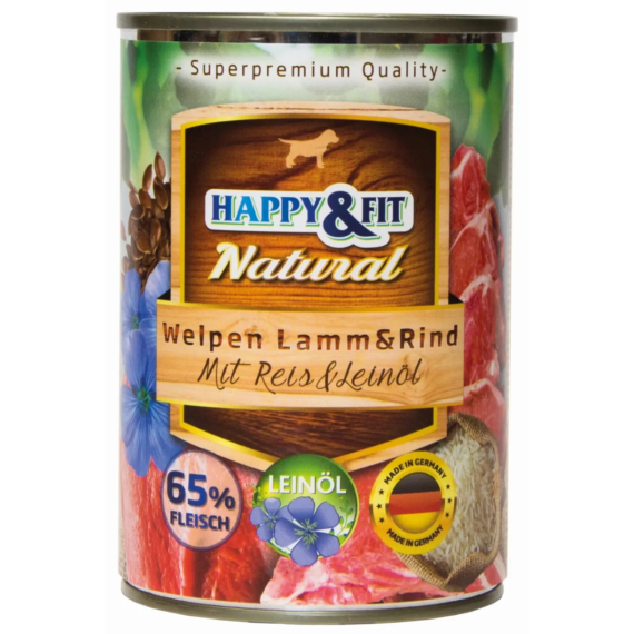 Happy&Fit Natural Dog Konzerv Junior Bárány&Marha Rizzsel&Lenmagolajjal 400g