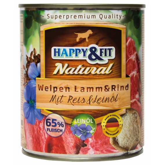 Happy&Fit Natural Dog Konzerv Junior Bárány&Marha Rizzsel&Lenmagolajjal 800g