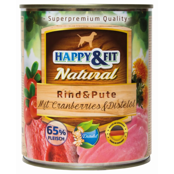 Happy&Fit Natural Dog Konzerv Marha&Pulyka Áfonyával&Sáfrányolajjal 800g