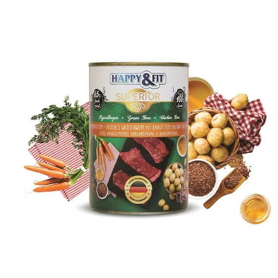 Happy&Fit Superior Dog Konzerv Friss Vaddisznóhús S.répával, burgonyával 400g