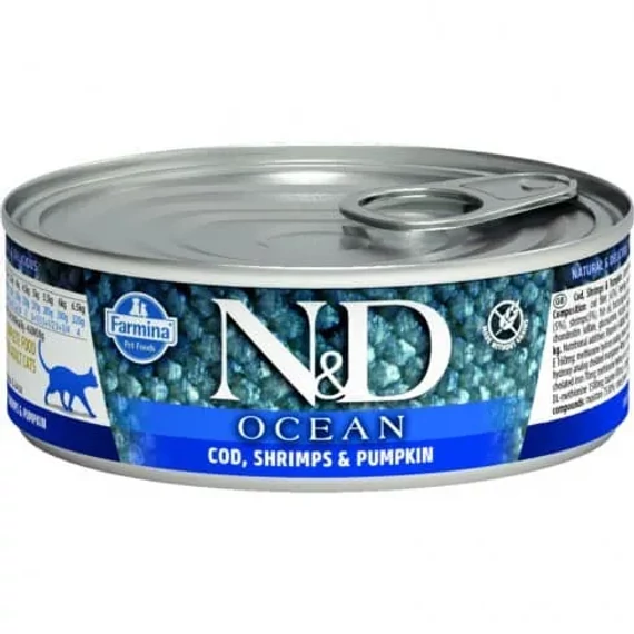 N&D Cat Ocean konzerv tőkehal&garnélarák sütőtökkel 70g