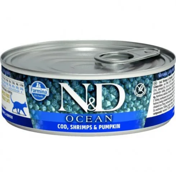 N&D Cat Ocean konzerv tőkehal&garnélarák sütőtökkel 70g